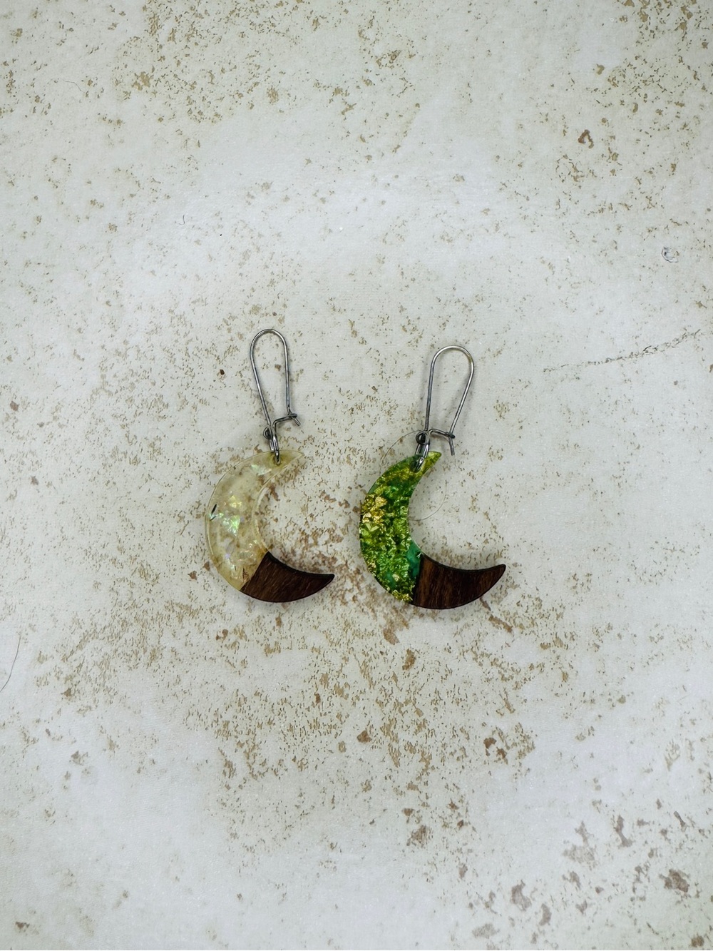 Handcrafted Crescent Moon Wood & Resin Earrings - Green and Iridescent